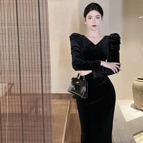 Áo Nhung Tay Dài Phồng Cổ Chữ V Thời Trang Retro Hàn Quốc