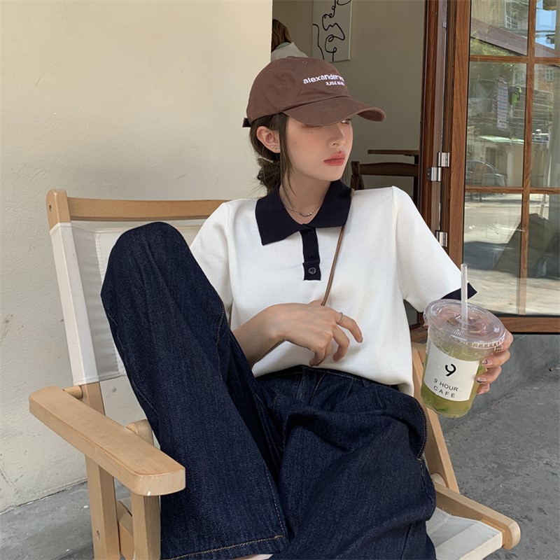 Áo polo dệt kim ngắn tay thời trang xuân thu Pháp