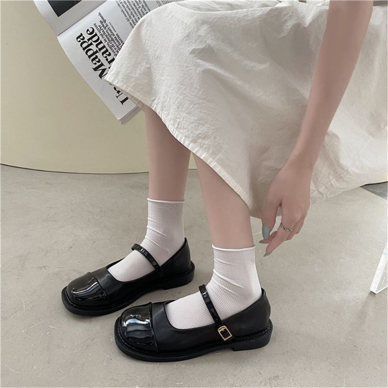 Giày bệt nữ da mềm hai màu, giày búp bê dây cài chất liệu mềm nhẹ thoải mái