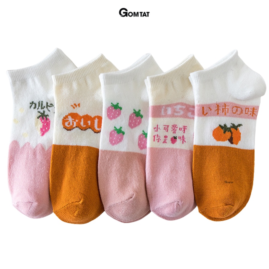 Set 5 đôi tất nữ cổ ngắn GOMTAT họa tiết trái cây, vớ nữ cổ thấp thời trang siêu dễ thương, chất liệu mềm mại - CB067