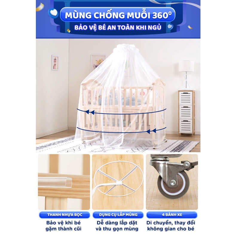 Nôi cũi gỗ cho bé đa năng CHILUX PEACE gấu con Teddy Bear 6 trong 1 màu gỗ tự nhiên, giường cũi em bé sơ sinh gấp gọn