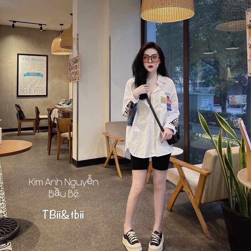 Áo sơ mi pha bò tag logo form rộng giấu quần hàng QC