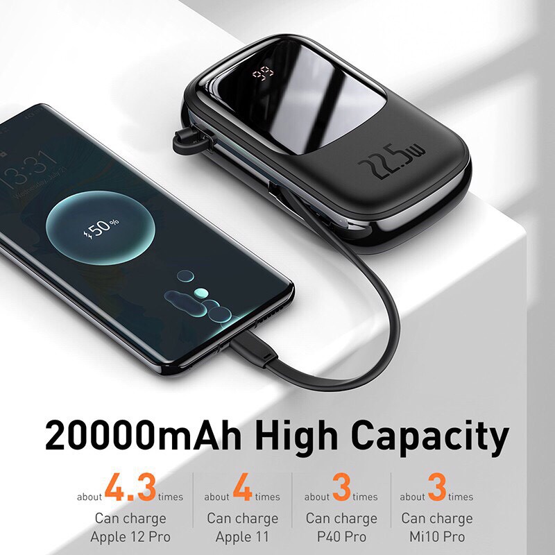 Pin Sạc Dự Phòng Baseus Qpow Digital Display Dung Lượng 20000mAh Sạc Nhanh PD22.5w Kèm Dây Sạc Type-C dòng 5A