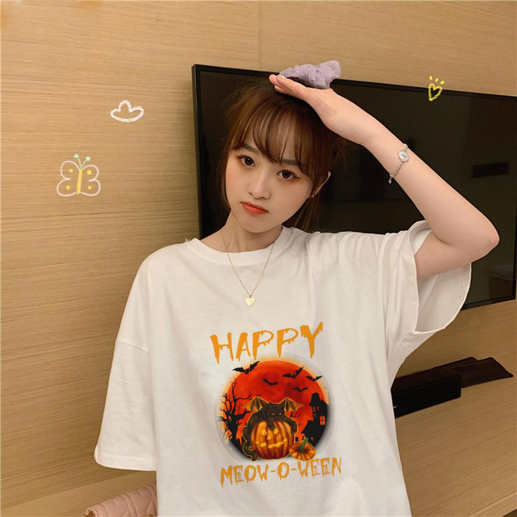 ÁO THUN UNISEX HALLOWEEN Happy Meow TAY NGẮN TAY LỠ NAM VÀ NỮ AOMI IN HÌNH SIÊU HOT AOMIVN