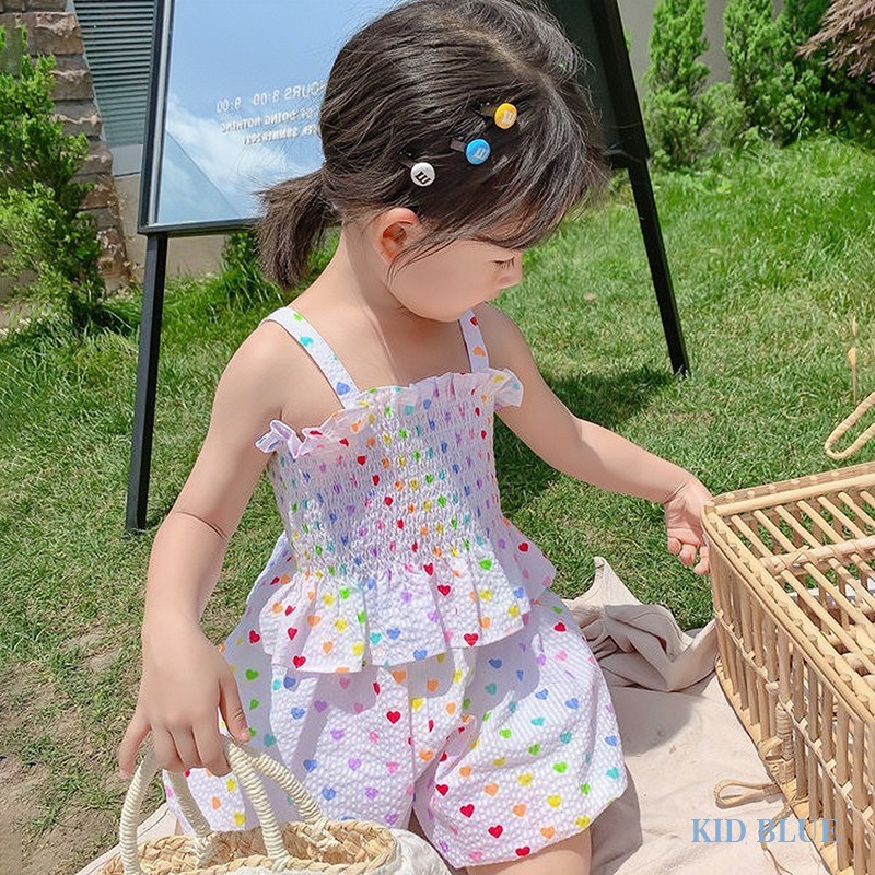 Bộ Áo Hai Dây In Họa Tiết Trái Tim + Quần Short Eo Co Giãn Phong Cách Phương Tây Dễ Thương Cho Bé Gái