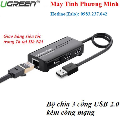 Bộ chia 3 cổng USB 2.0 tích hợp cổng mạng Ethernet cao cấp (Usb sang Lan) Ugreen 20264 - Hàng chính hãng