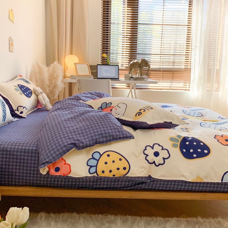 Bộ chăn ga cotton poly Bo Decor chăn ga Hàn Quốc họa tiết Gấu và Thỏ đủ size miễn phí bo chun