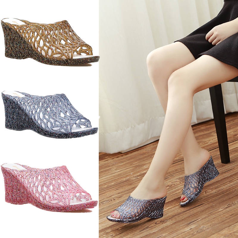 Xăng đan Nhựa Dẻo Đế Xuồng Gót Cao Dày Trong Suốt Chống Trượt Thời Trang Mùa Hè Cho Nữ
