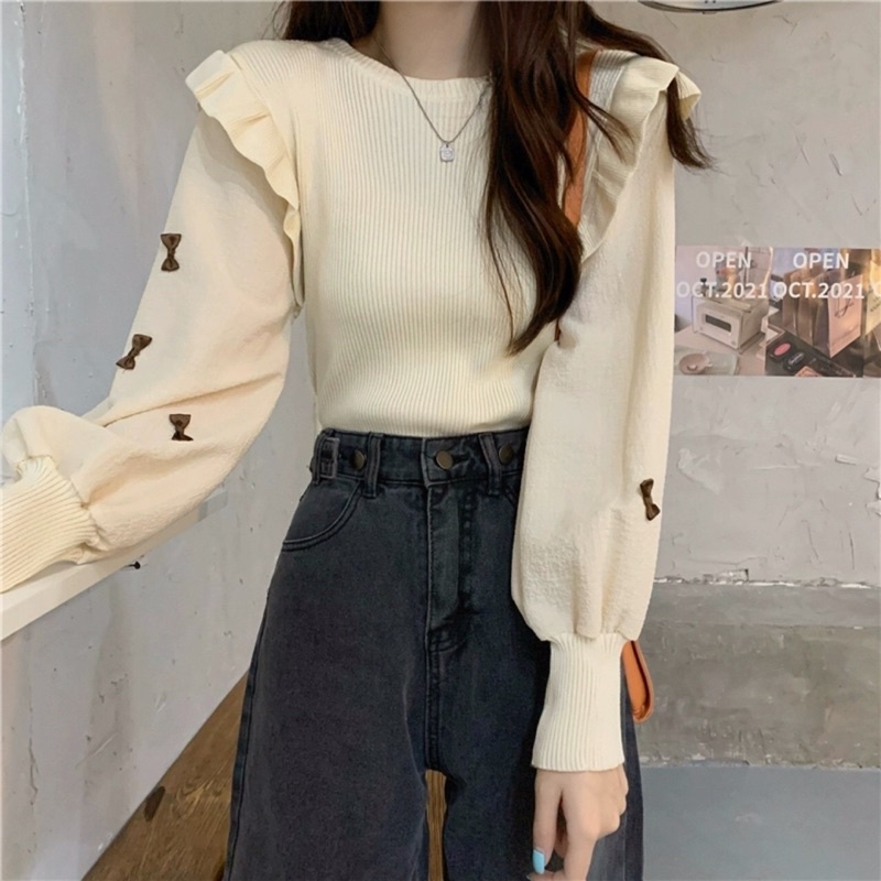 [FREESHIP - HÀNG LOẠI 1] ÁO LEN PHỐI TAY BÈO ĐÍNH NƠ HÀNG QCCC