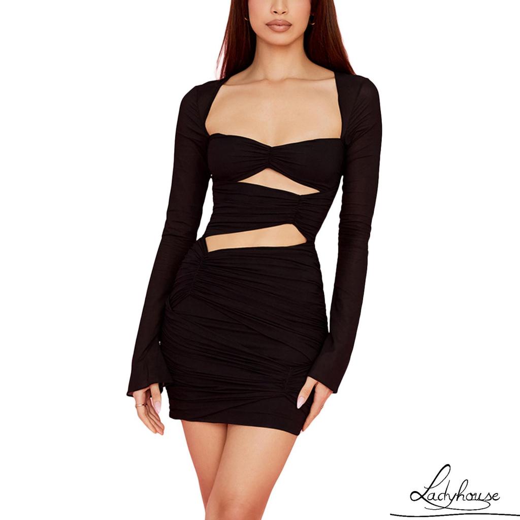 Đầm Tay Dài Màu Trơn Thiết Kế Khoét Lỗ Thời Trang Mùa Xuân Cho Nữ