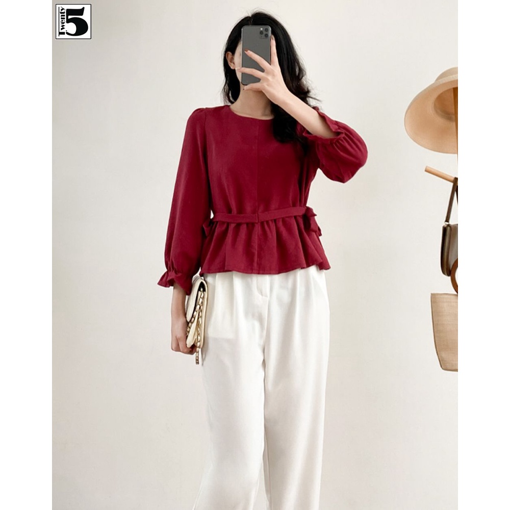 Áo sơ mi nữ tay bồng, thắt dây eo hai bên, chất nhung mịn Twentyfive N196