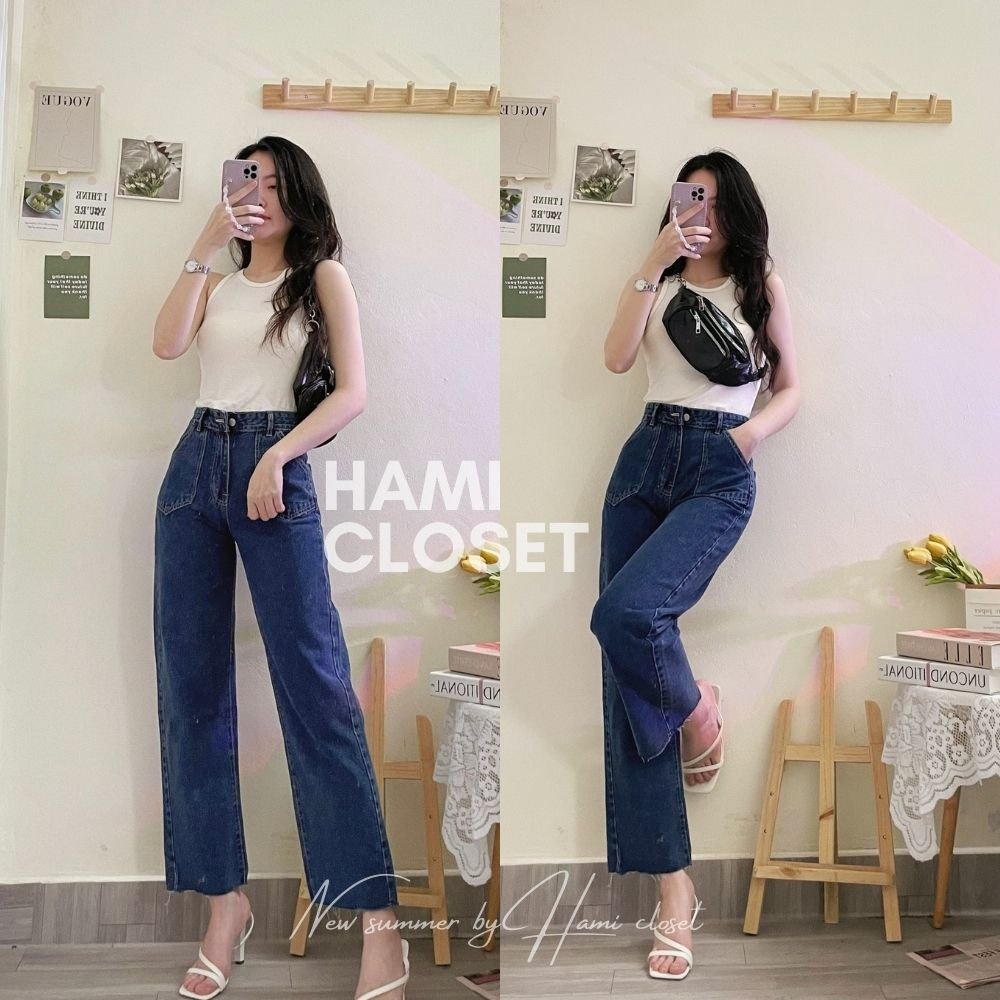 Quần jeans ống suông dáng culottes hai túi form dài mã 1602