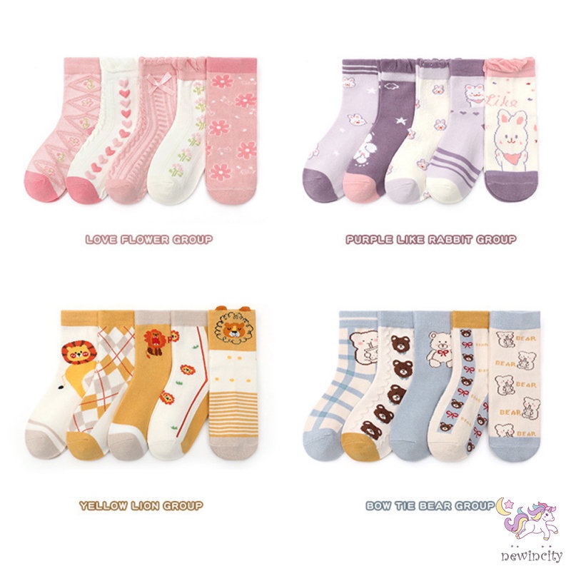 Set 5 Đôi Tất Cotton Dài Trung Bình Chống Trượt Chống Rơi Phong Cách Hàn Quốc Cho Bé