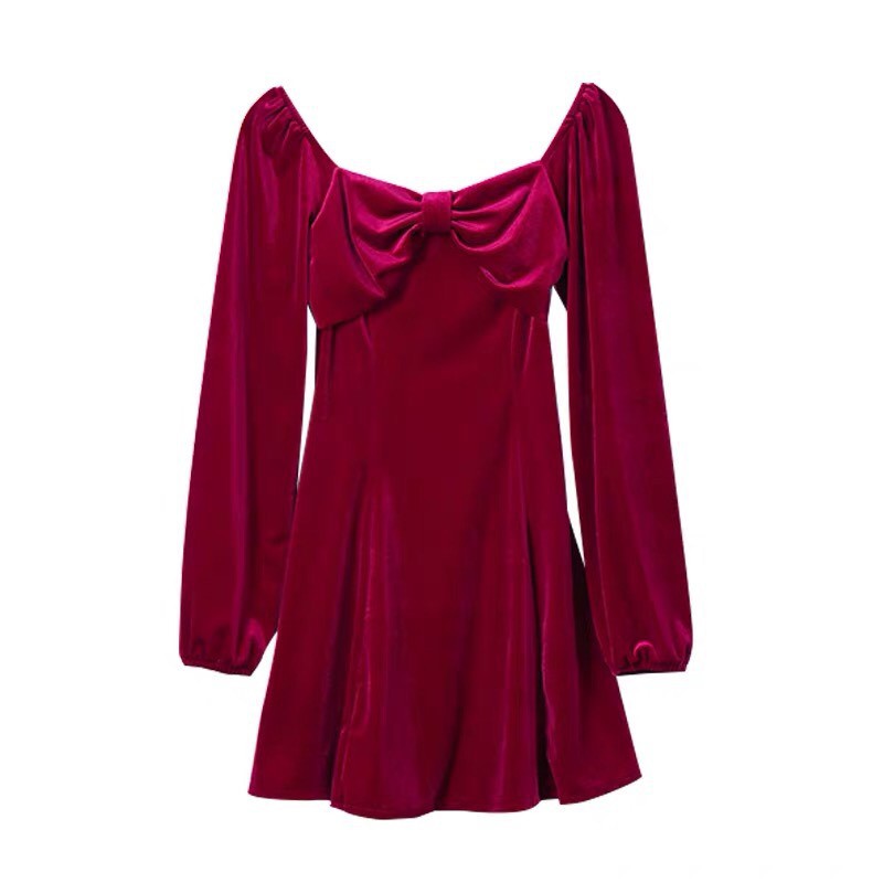 Đầm Nhung Thắt Nơ Ngực Dáng Xoè | BigBuy360 - bigbuy360.vn