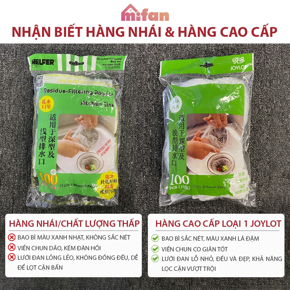 100 Túi Lọc Rác Bồn Rửa Chén Bát JOYLOT - Túi Lưới Vải Tự Phân Huỷ Có Chun Miệng Túi - Siêu Rẻ - MIFAN