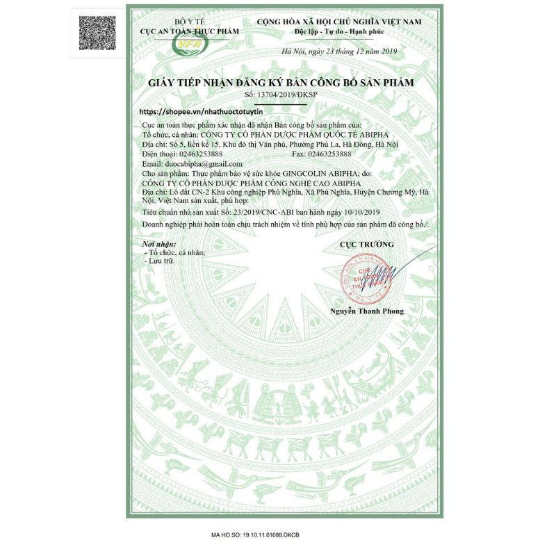 GINGCOLIN ABIPHA hỗ trợ tăng cường tuần hoàn máu lên não, hộp 100 viên