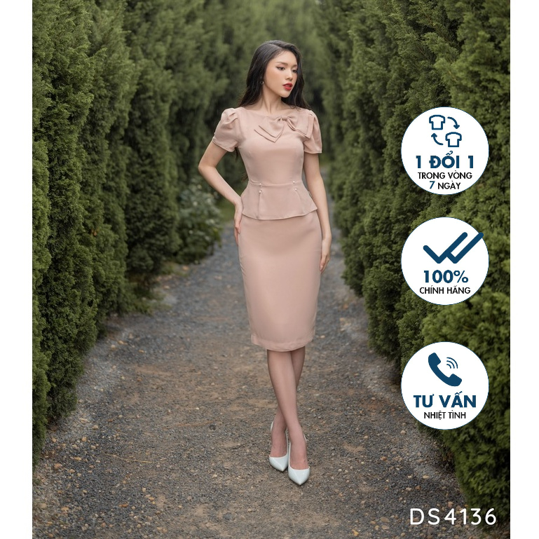 Đầm ôm cổ tròn, đinh nơ cổ, bèo eo Emspo DS4136