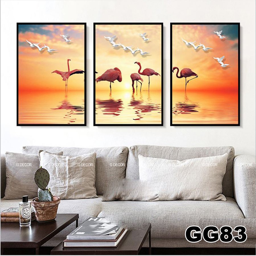 Tranh treo tường canvas khung gỗ 3 bức phong cách hiện đại Bắc Âu tranh phong cảnh trang trí phòng khách phòng ngủ 77