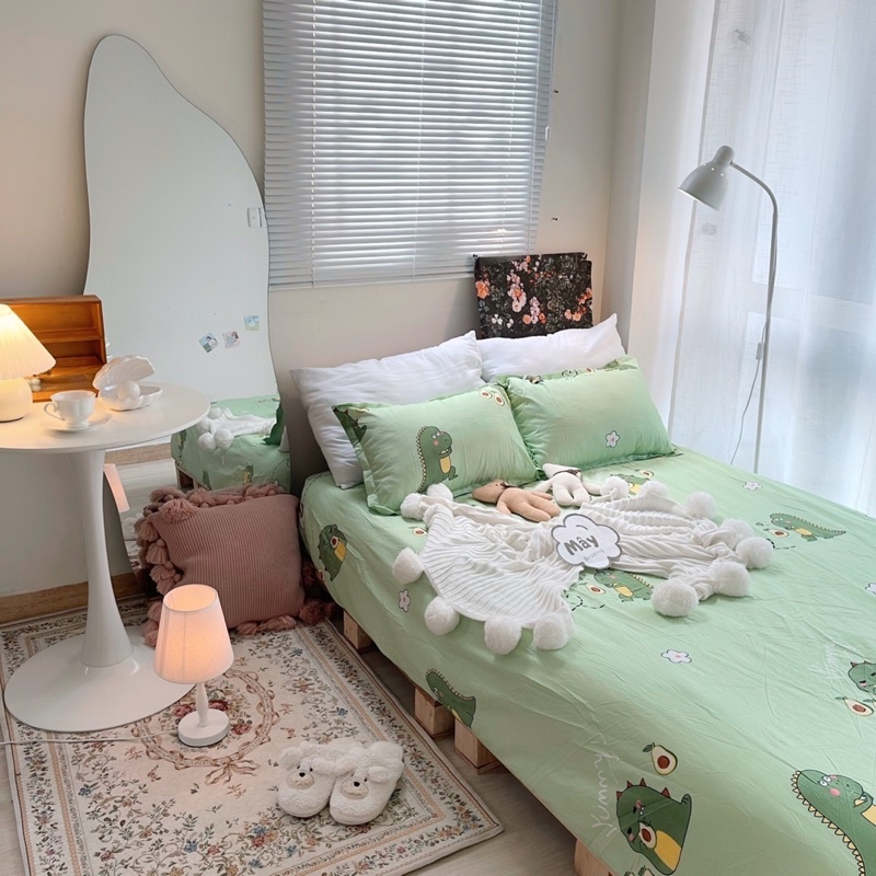 Bộ ga gối Cotton Poly màu cam đào hoạ tiết trái tim khủng long cá heo bò sữa MÂY BEDDING