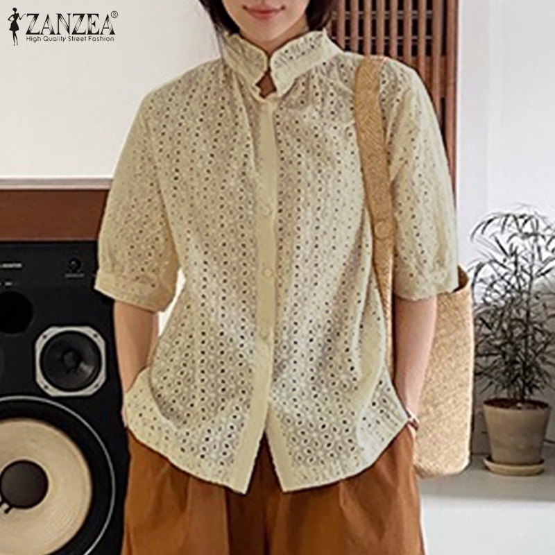 Zanzea Áo Kiểu Tay Ngắn Cổ Đứng Phối Bèo Và Nút Thời Trang Cho Nữ