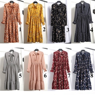 📣Tuyệt vời❤Đầm Chiffon Tay Dài In Hoa Thắt Nơ Phong Cách Hàn Quốc Thời Trang Mới