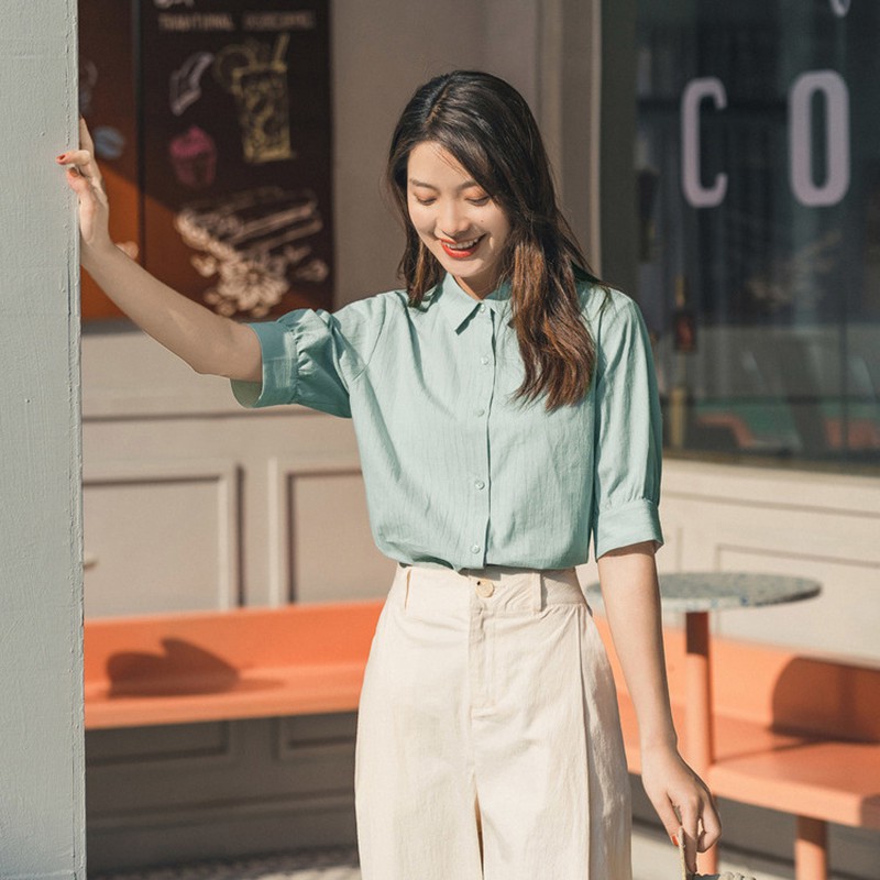 Áo sơ mi nữ tay bồng cổ đức Chunxuu, màu sắc thanh lịch chất vải đẹp mịn chống nhăn - SP33 xanh lá