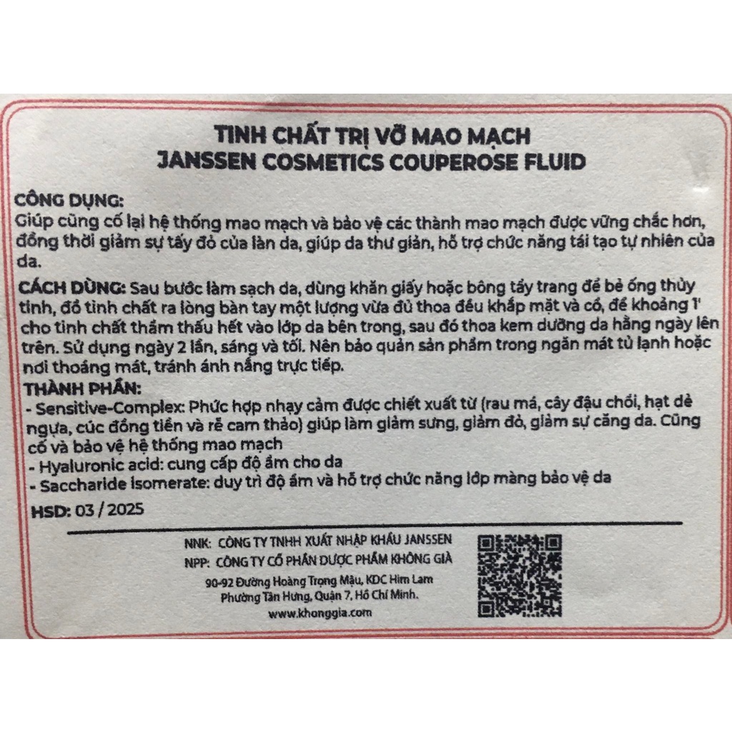 Tinh chất xử lý giãn mao mạch, phục hồi dưỡng ẩm cho làn da tổn thương - Janssen Cosmetics Couperose Fluid full