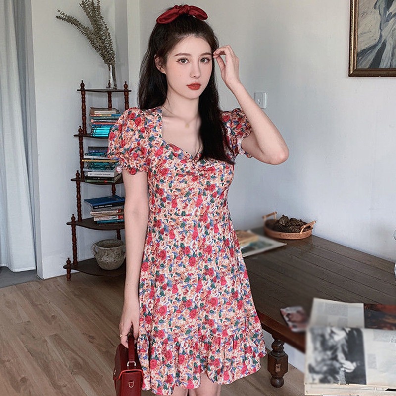 Váy body Tay Ngắn Cổ Vuông In Họa Tiết Hoa Quyến Rũ Phong Cách Hàn Quốc Dành Cho Nữ