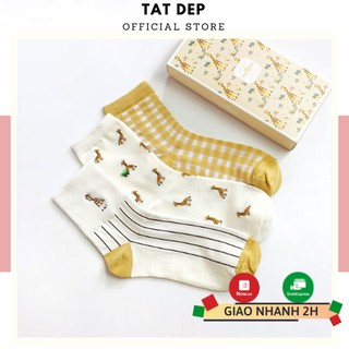 Set tất nữ cổ cao 3 đôi tất CARAMELLA vớ tông vàng họa tiết hươu đáng yêu phong cách Ullzang