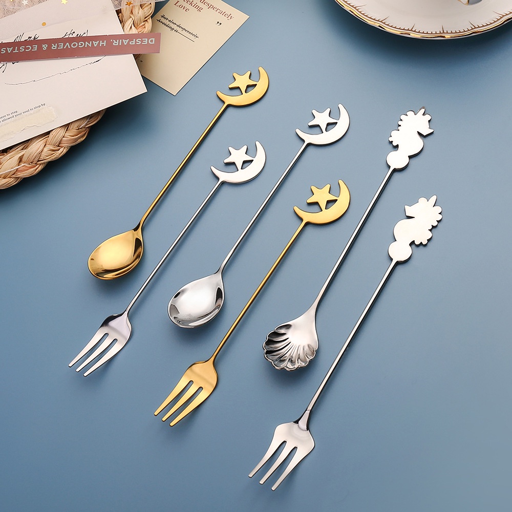 G & S Bộ Muỗng Nĩa Inox 304 Hình Cá Ngựa Có Vỏ Sò Sáng Tạo Dùng Ăn Uống