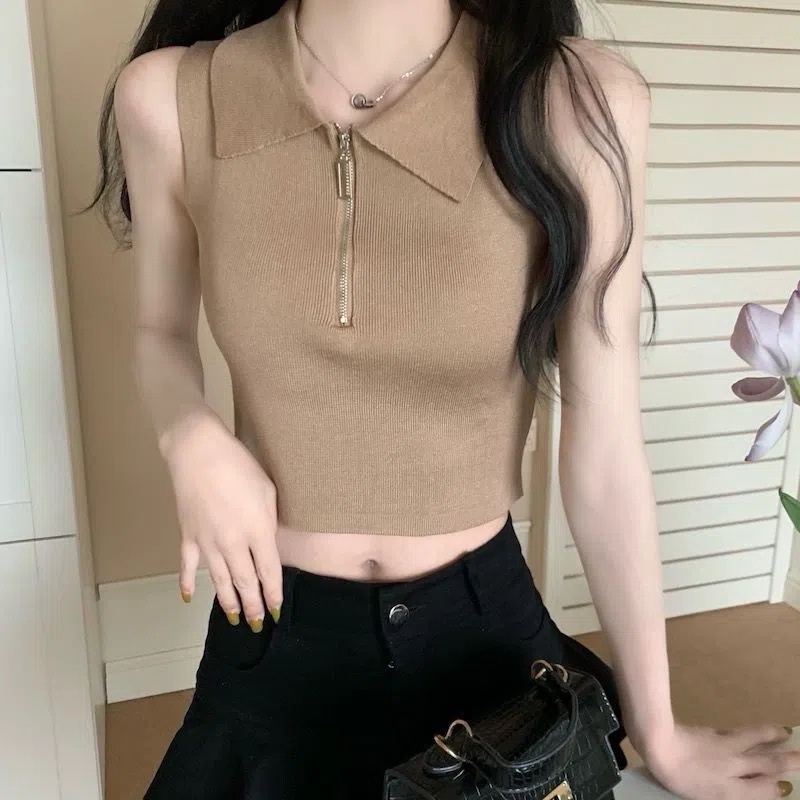 Áo Dệt Kim Sát Nách Cổ Polo Phối Khóa Kéo Màu Hồng Thời Trang Mùa Hè Quyến Rũ Cho Nữ
