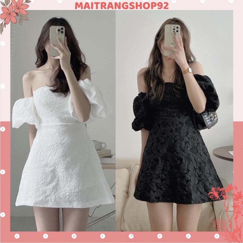 Váy trễ vai tay bồng chữ A dáng ngắn vải xốp vân nổi đi tiệc, đi chơi sang chảnh  (TTA118)