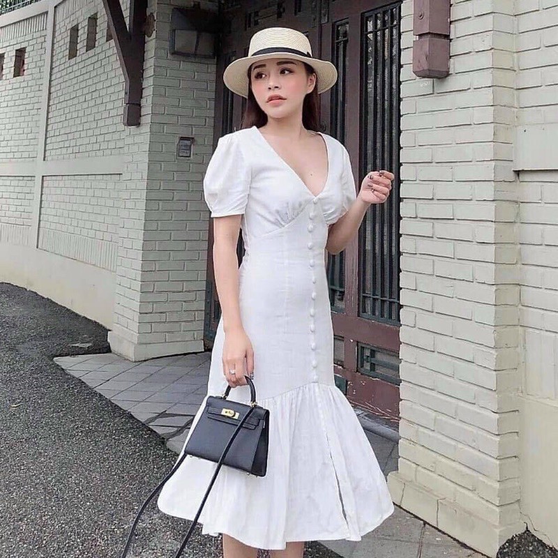 Đầm đuôi cá cổ V nút bọc ( kèm hình thật) | BigBuy360 - bigbuy360.vn