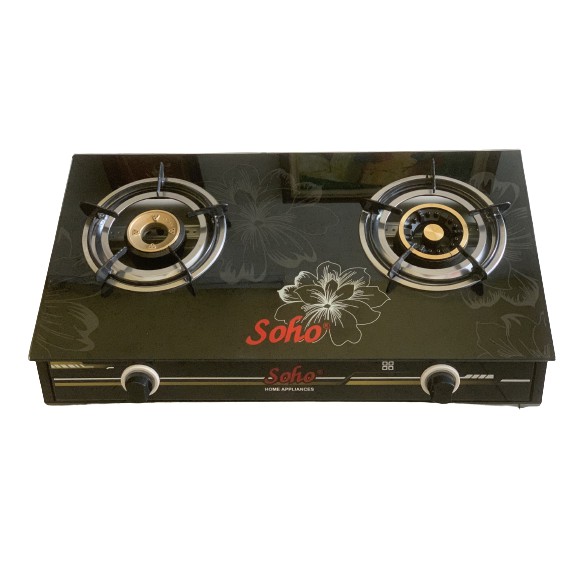 Bếp gas đôi mặt kính Soho điếu gang, ngọn lửa đồng thau lớn 10cm , Có họng hâm , linh kiện bảo hành miễn phí đ