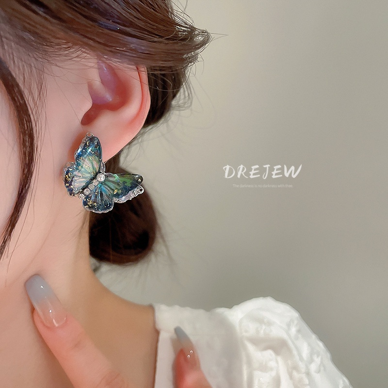 DREJEW Khuyên tai mạ bạc hình bướm đính đá zircon ngọc trai phong cách Hàn Quốc