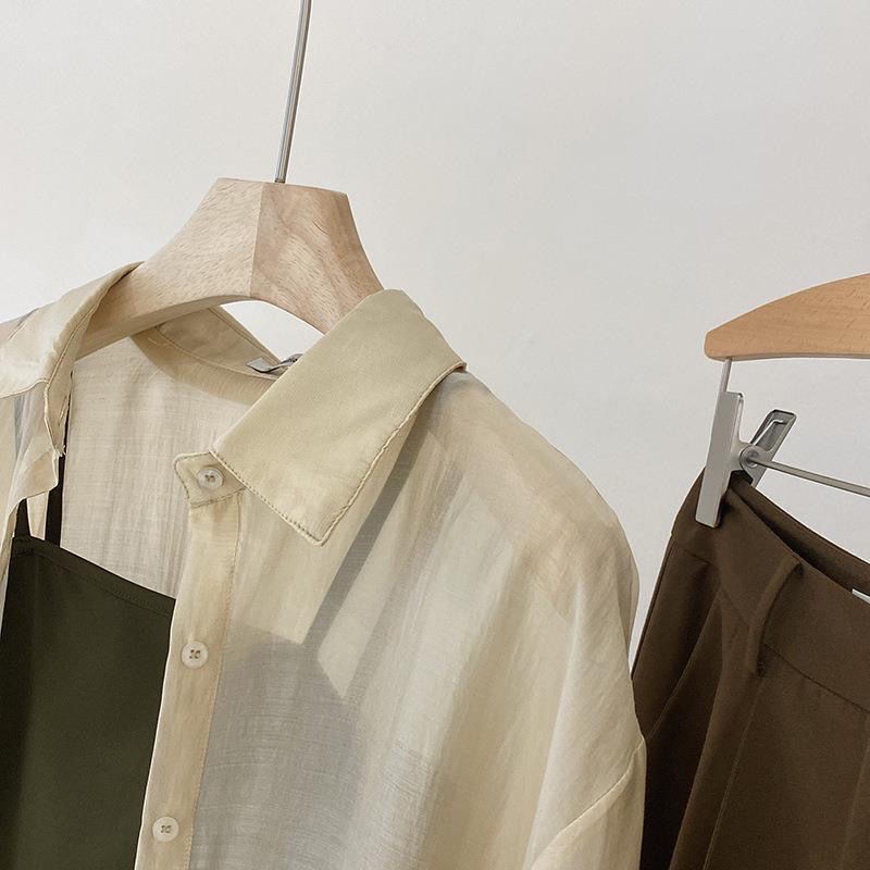 Spot Korean summer women's shirt sunscreen cardigan Tencel cotton side button semi transparent thin shirt jacket sunscreen shirt women's spring and summer loose Long Sleeve Jacket