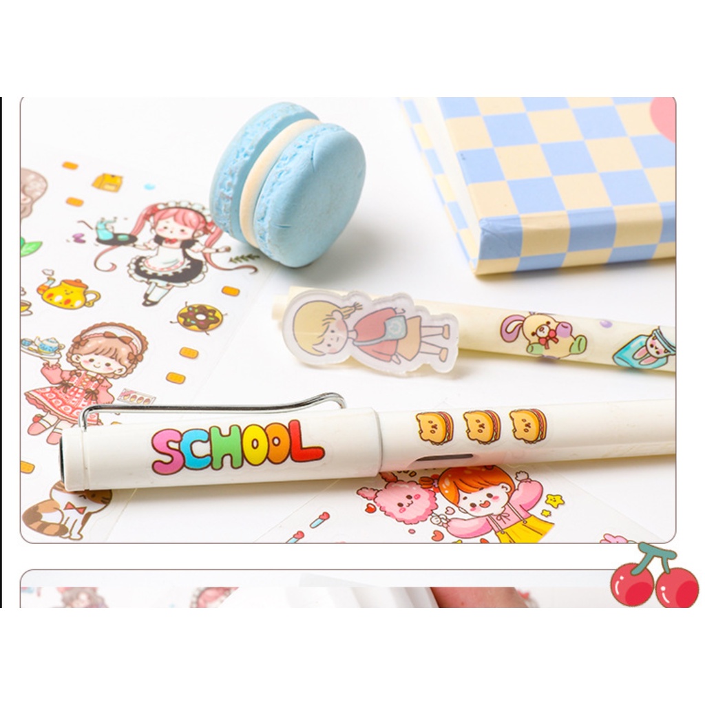 Set 4 tấm sticker nhãn dán chống nước nhựa PVC dễ thương hình cô gái, hình dán điện thoại cute