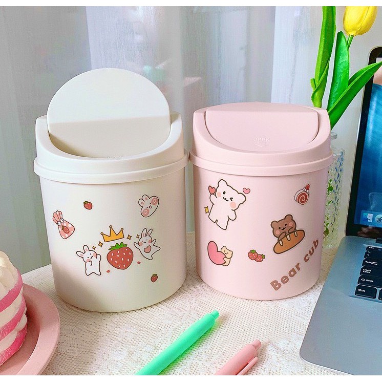 Thùng rác nắp lật mini để bàn đa năng tiện dụng - Tặng kèm STICKER hoạt hình dễ thương