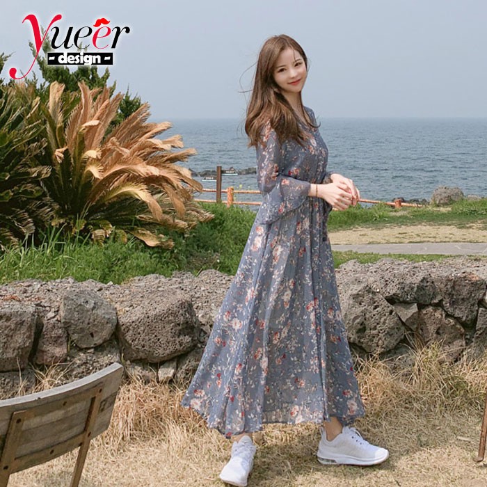 Đầm Voan Tay Lỡ Ống Loe In Họa Tiết Hoa Thời Trang Dành Cho Nữ
