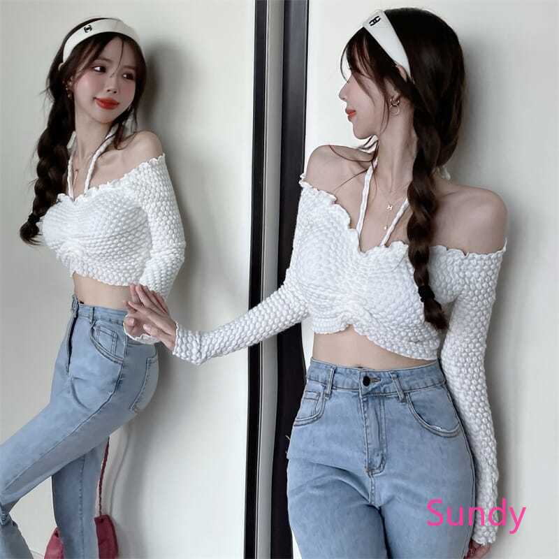 Áo Croptop Dài Tay Trễ Vai Phối Dây Rút Gợi Cảm Dành Cho Nữ