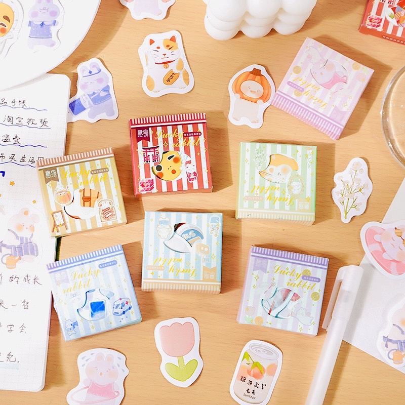 Sticker Hộp 45 Tấm Hình Gấu Thỏ Pastel Siêu xinh, Hộp Sticker Nhỏ Trang Trí Siêu Xinh Xắn