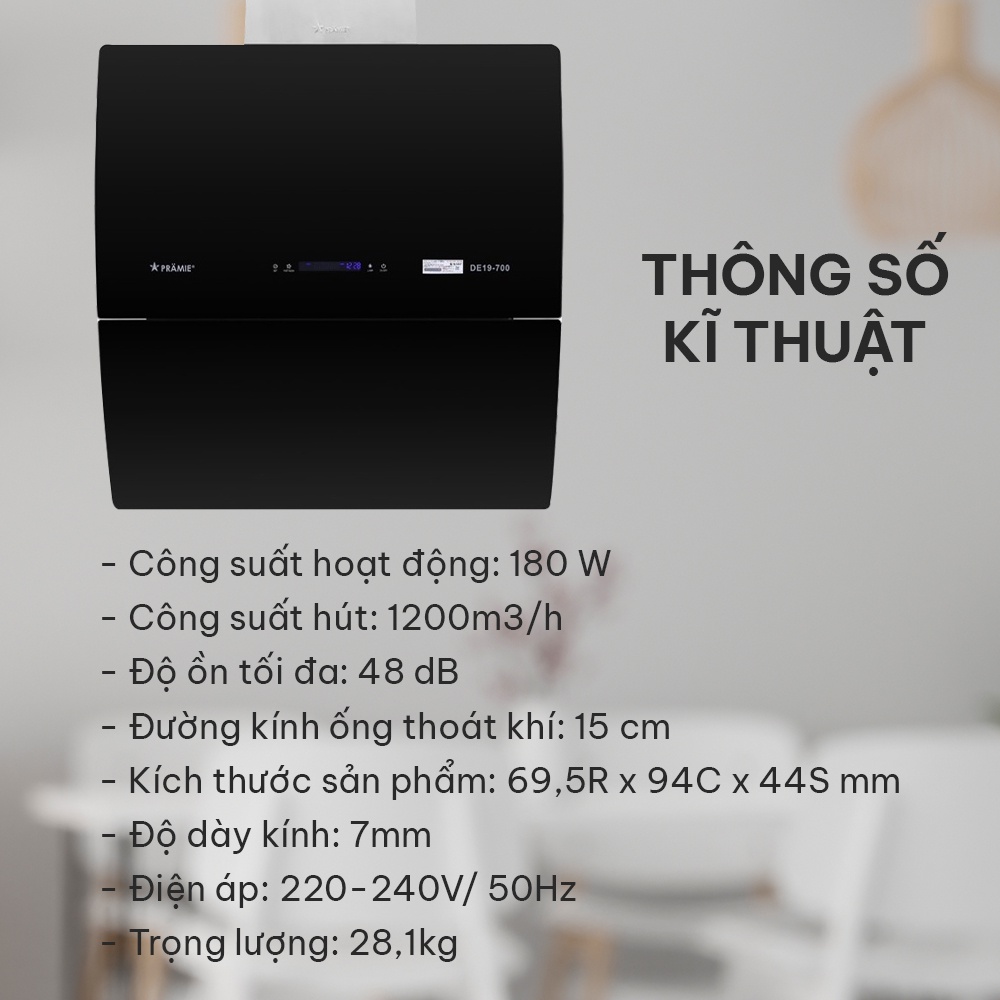 Máy hút mùi kính Vát DE19-700 máy hút mùi bếp cảm ứng điều khiển không chạm, bọ lọc than hoạt tính, hoạt động êm ái