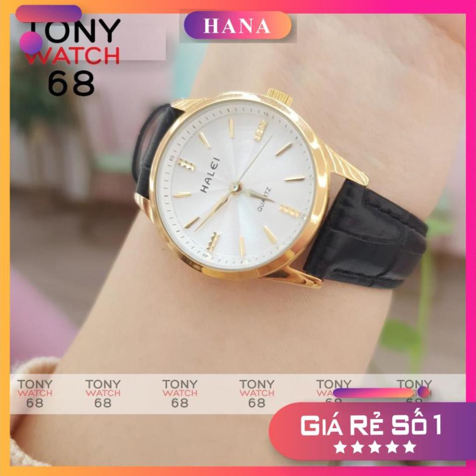 Đồng hồ cặp đôi nam nữ Halei viền vàng dây da siêu mỏng Tony Watch 68