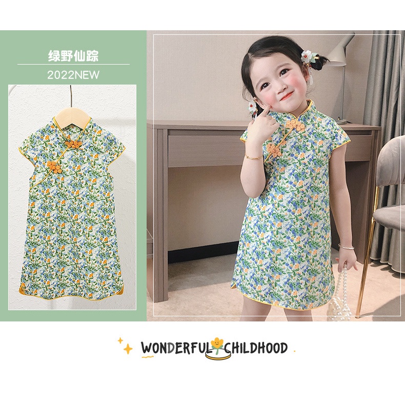 Đầm Sườn Xám Tay Ngắn Bằng Cotton Nguyên Chất Họa Tiết Hoa Dễ Thương Phong Cách Trung Hoa Cổ Điển Dành Cho Bé Gái 95-155cm