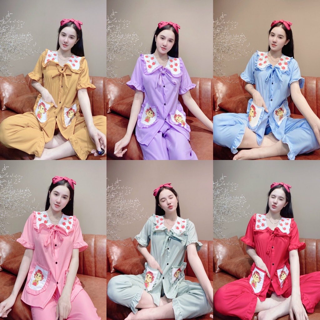 Đồ ngủ pijama tay ngắn có 2 túi áo vải kate lụa siêu xinh họa tiết dâu gấu ,set đồ bộ vải kate lụa phom dưới 57