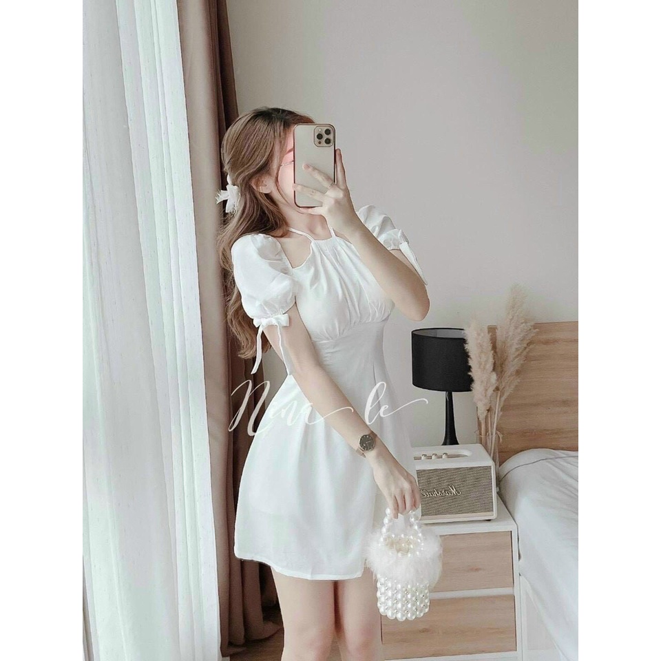 Đầm Cổ Yếm, Đầm Dự Tiệc Tay Ngắn Phối Nơ  Sẵn 3 Màu Đỏ, Trắng, Xanh Dáng Xòe Nữ Tính Thời Trang Nữ Xm Minh Phúc