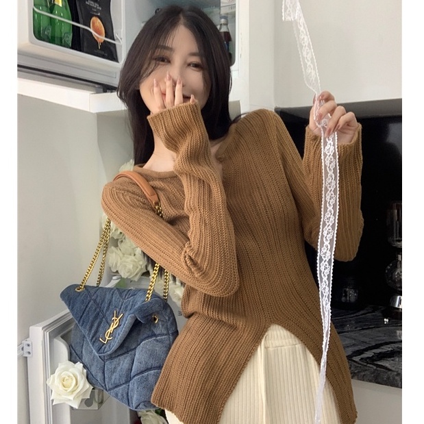 Áo Dệt Kim Tay Dài Cổ Chữ V Xẻ Tà Dáng Ôm Phong Cách Hàn Quốc Cổ Điển Thời Trang Cho Nữ