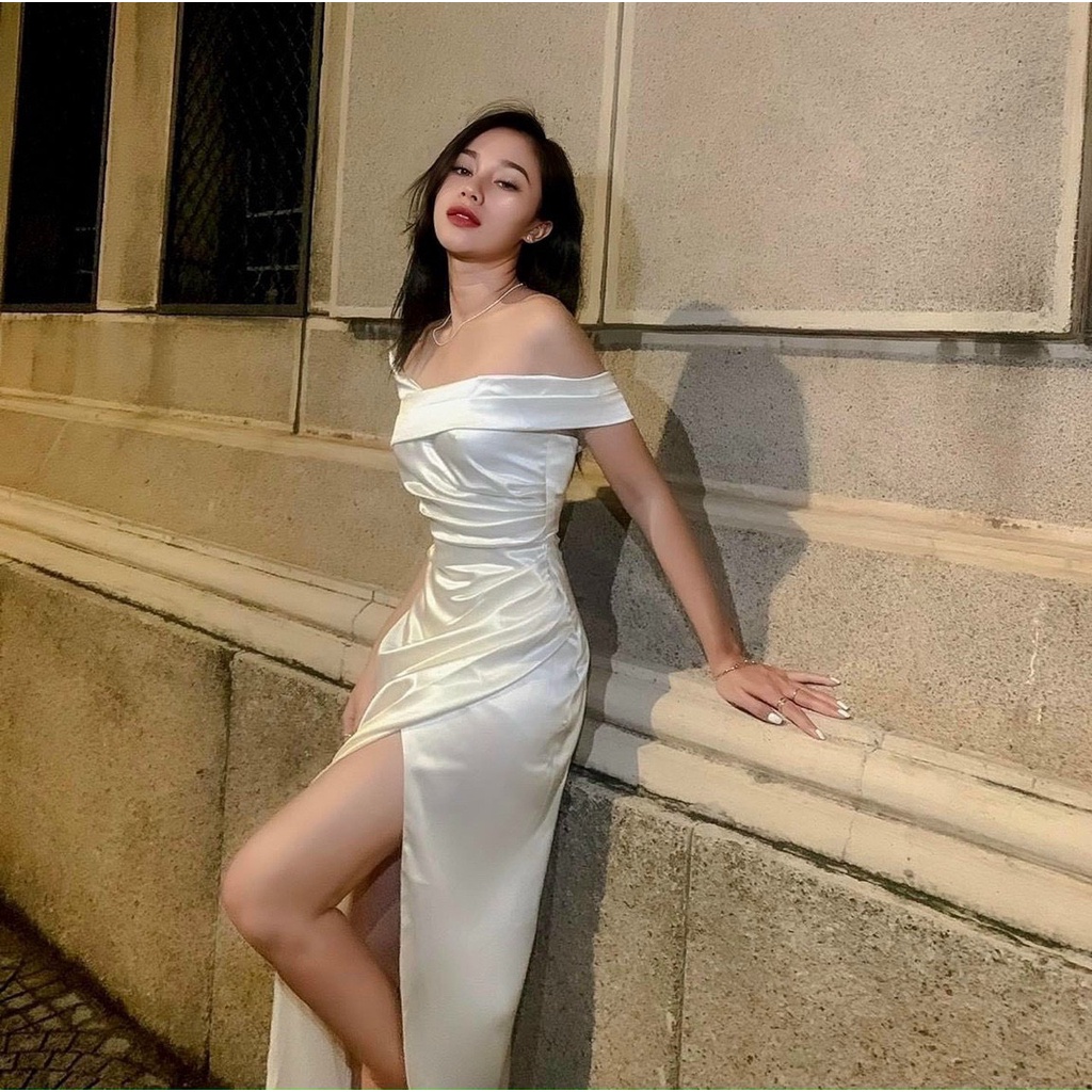 Đầm midi trắng trễ vai thiết kế ôm body xẻ tà, đầm đi tiệc cưới sang chảnh 3 màu đỏ, trắng, đen sexy nổi bật MP02