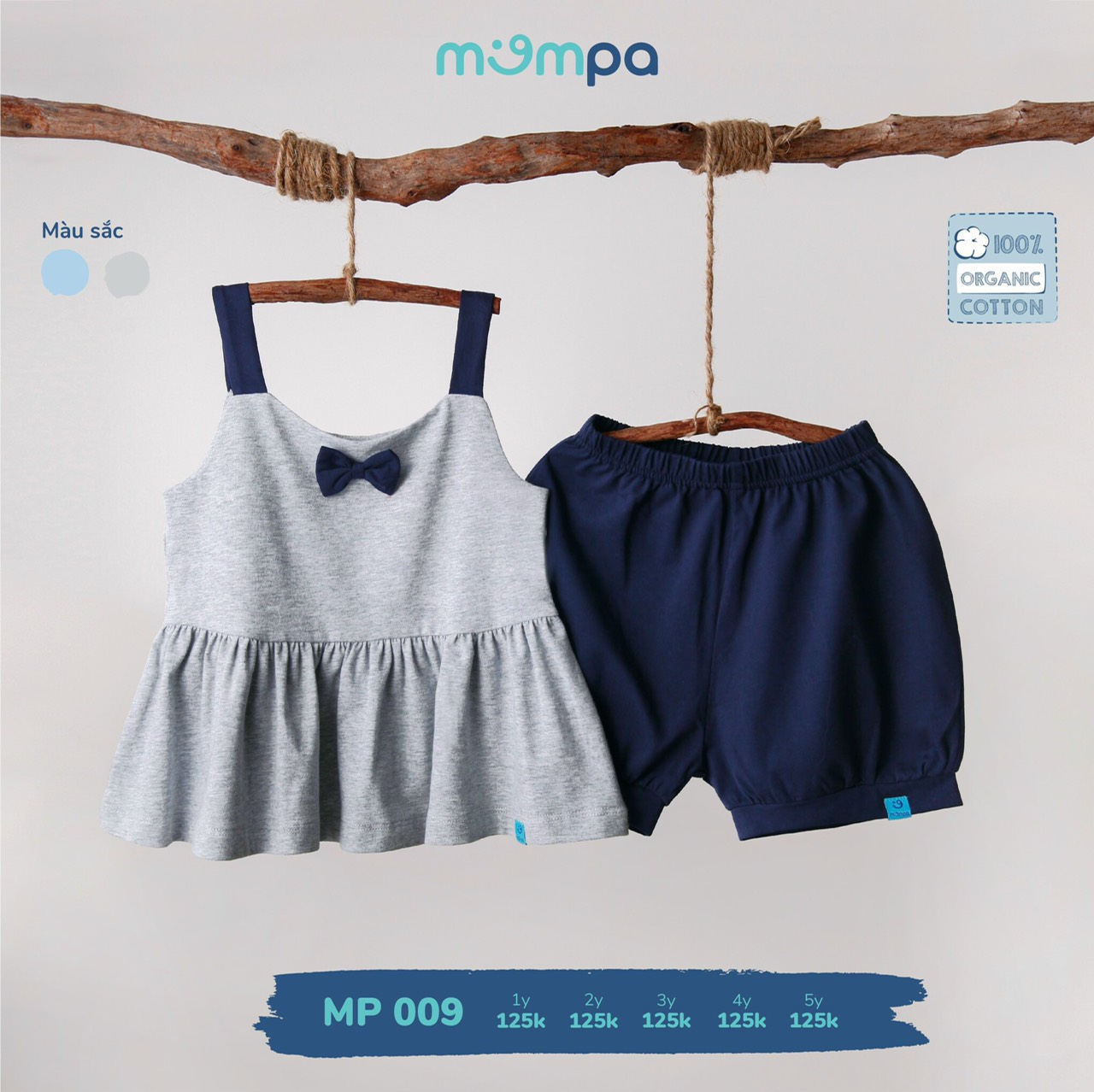 Bộ áo 2 dây quần đùi nơ ngực cotton bé gái Mompa