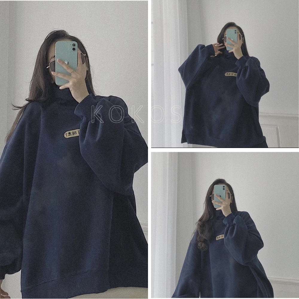 Áo hoodie nữ nỉ cổ cao chữ hàn Kokos [freeship]****Áo thun nữ, sweater form rộng, cổ lọ vintage thu đông ulzzang| 21035